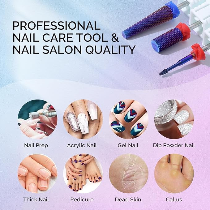 MelodySusie 3Pcs Nail Drill Bits Set, 3/32'' Carbide Tungsten Bits, Super Long 5 in 1, Flat Top Large Barrel and Cuticle Bits, Suitable for Manicure Pedicure Cuticle Gel Acrylic Remover, Purple