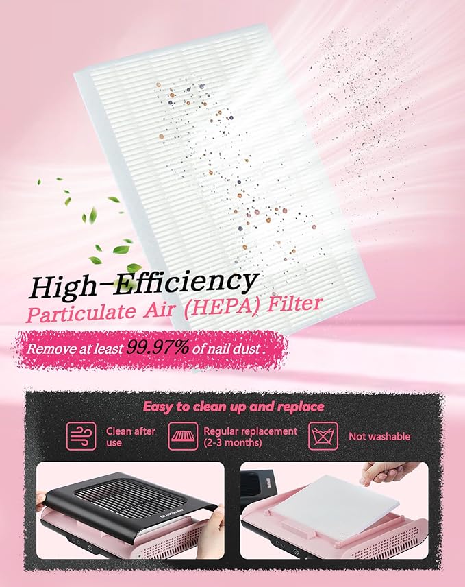 Nail Dust Collector, Dust Collector nail tech with Brush and Reusable Filter, 2 Modes Profesional Nail Vacuum, Fan Vent Nail Dust Extractor (Black& Pink)