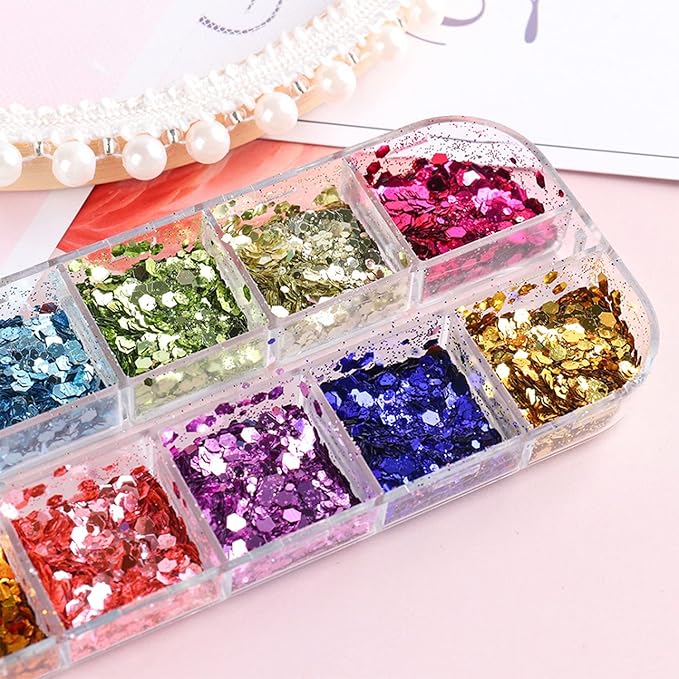 Mermaid Holographic Nail Sequins, 3D Hexagon Flakes Glitter Accessories Mirror Gradient Effect Nail Art Design Sparkly Acrylic Nails Powder for Women Girls Manicure Tips Charms Decoration (12 Colors)