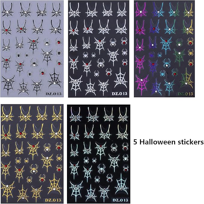 5 Sheets Halloween Nail Art Stickers 3D Self -Adhesive Spider Web with Rhinestones Design Nail Decals Holographic Diamond Spider Nail Stickers Halloween Nail Decoration for Women Manicure Supplies