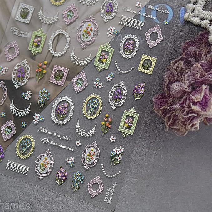 1 Sheets 5D Retro Flower Nail Art Stickers Spring Summer Floral Nail Decals Embossed Picture Frame Tulip Nail Design Supplies Colorful Daisy Nail Stickers for Women DIY Acrylic Nail Accessories