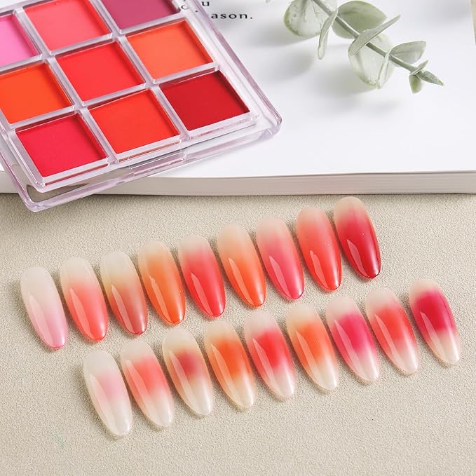 Nail Pigment Palette - Gradient Red Ombre Color Nails Powder - Fine Solid Neon Nail Art Pigment for DIY Design Manicure Beginners - Includes 5 Sponge Sticks, 1 Brush