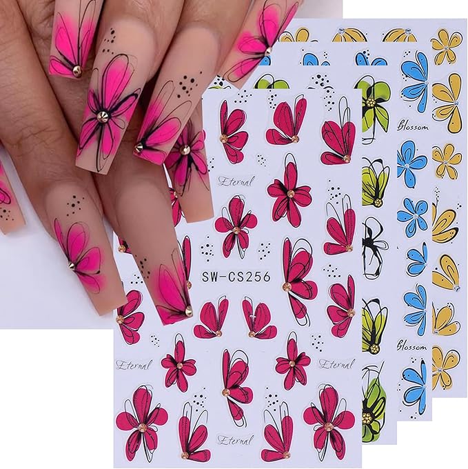 Flower Petal Nail Art Sticker 12 PCS Simple French Floral Nail Decals Lily Orchid Leaves Flamingo Designs with Tweezers Hot Pink Blue Purple Green Flower Sliders Nail Art Decoration DIY Accessories