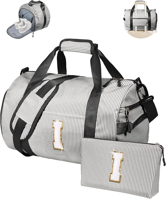 Party Favors for Teenager, Girls Travel Duffle Bag, Kids Initial Overnight Bags with Shoe Compartment, Monogram Weekender Bag with Makeup Pouch, Dorm Room Essentials (Letter I)