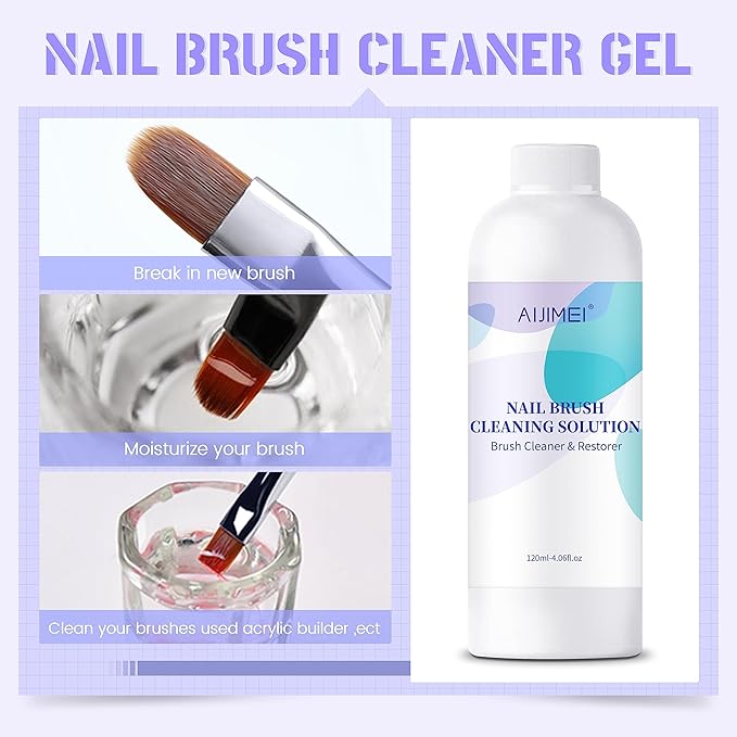 Nail Brush Cleaner Gel Restorer Solution Acrylic Nail Brush Cleaner Gel Quickly Clean for Acrylic Nail Brushes,Glitter Gel Nail polish Brushes,Builder Hard Gel Brush (120ML)