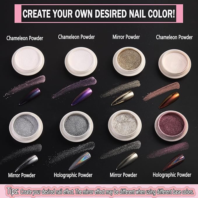 Chrome Nail Powder 8 Colors Chrome Powder for Nails Art Glitter Mirror Effect Holographic Pigment Aurora Iridescent Chameleon Powder 8g/Jar,Manicure Decoration Supplies,8 Sponge Sticks