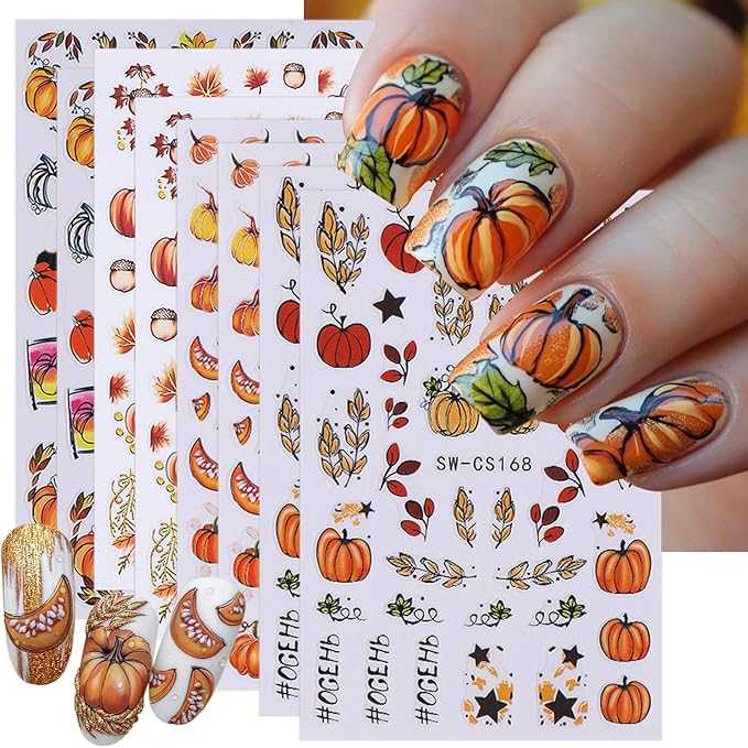 8 Sheets Fall Nail Art Stickers 3D Self-Adhesive Autumn Nail Stickers Maple Leaf Pumpkin Designs Sticker Nail Art Supplies Thanksgiving Nail Decals for Women Girls Acrylic DIY Manicure Decorations