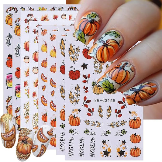 8 Sheets Fall Nail Art Stickers 3D Self-Adhesive Autumn Nail Stickers Maple Leaf Pumpkin Designs Sticker Nail Art Supplies Thanksgiving Nail Decals for Women Girls Acrylic DIY Manicure Decorations