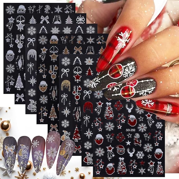 Christmas Nail Stickers Winter Nail Stickers for Nail Art 3D Self Adhesive Nail Decals Star Christmas Tree with Glitter Design Snowflake Nails Sticker for Women DIY Salon Manicure 9 Sheets