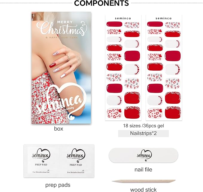 Semi Cured Gel Nail Strips-Magenta Sparkle with Pink Winter Designs, 36Pcs Almond Fake Nails, Christmas Party Nails,Works with Any UV/LED Lamps(Romance-Sign)