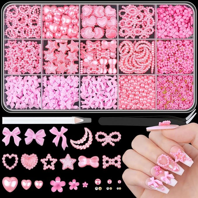 3D Nail Charms for Coquette Nails Design Set 4, Pink Nail Bows + Assorted Pearl Heart Star Moon Bowknot Cute Nail Jewels + 3D Flower Charms and Nail Pearls, with Picker Tools for Nail Decor