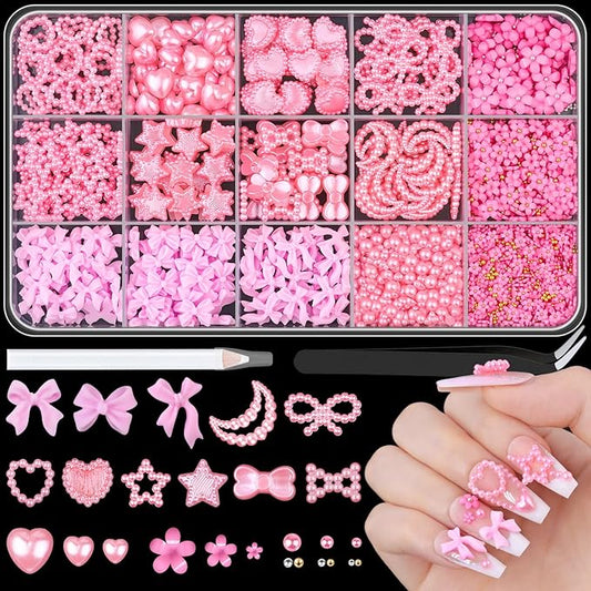 3D Nail Charms for Coquette Nails Design Set 4, Pink Nail Bows + Assorted Pearl Heart Star Moon Bowknot Cute Nail Jewels + 3D Flower Charms and Nail Pearls, with Picker Tools for Nail Decor