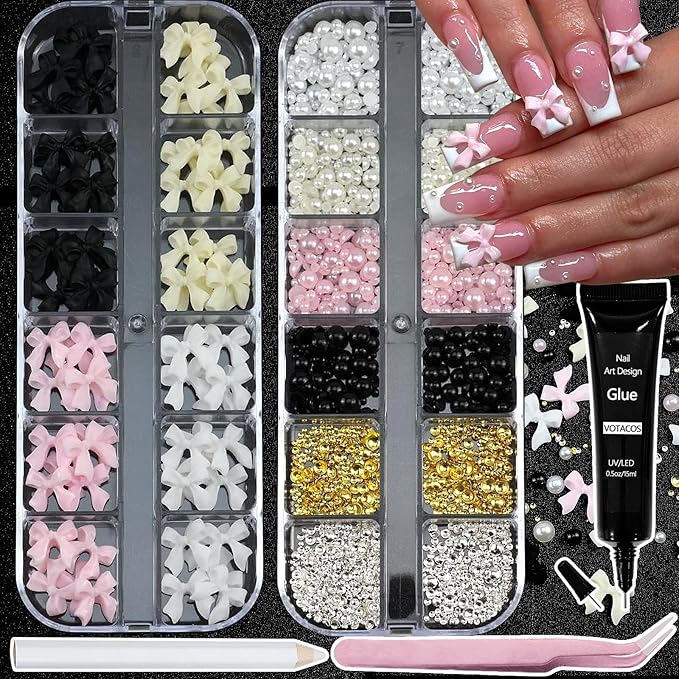 Nail Art Pearls with Glue Gel Flatback Pearls Pink Cream Bow Nail Charms Gold Silver Nails Gems Pearl Accessories for Women Nails Design Decoration Mixed Size 0.04-0.2in
