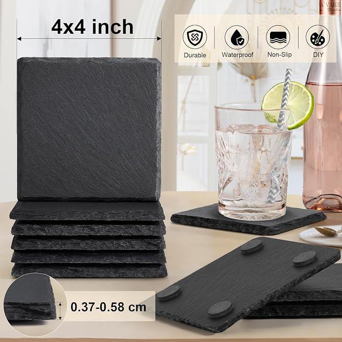 Slate Drink Coasters with Holder, 4 Inch 12 Pieces Square Rustic Coasters Black - Image 2
