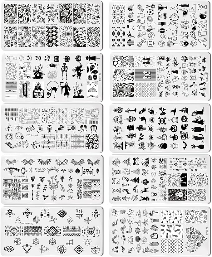 Biutee Nail Stamping Plates 8PCS Nail Stamping Polish Gel and Nail Stamper Kit 10 PCS Nail Art Stamper Plates, French Flower Leaves Animal Lace Halloween Design (10 PCS Plates With 8 PCS Gel)