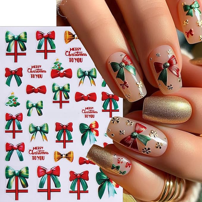 Christmas Nail Art Stickers 3D Self-Adhesive Holly Sprig Bow Snowman Glitter Xmas Tree Designs Nail Stickers Santa Claus Elk Flower Nail Decal for Women DIY New Year Manicure Decoration 5 Sheets