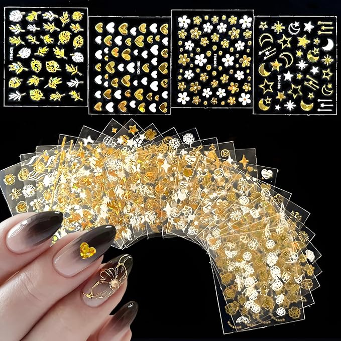 Gold Nail Art Stickers - 30 Sheets, 3D Self-Adhesive Leaf, Flower, Star, Moon, Heart, Snowflake Designs for Women & Girls