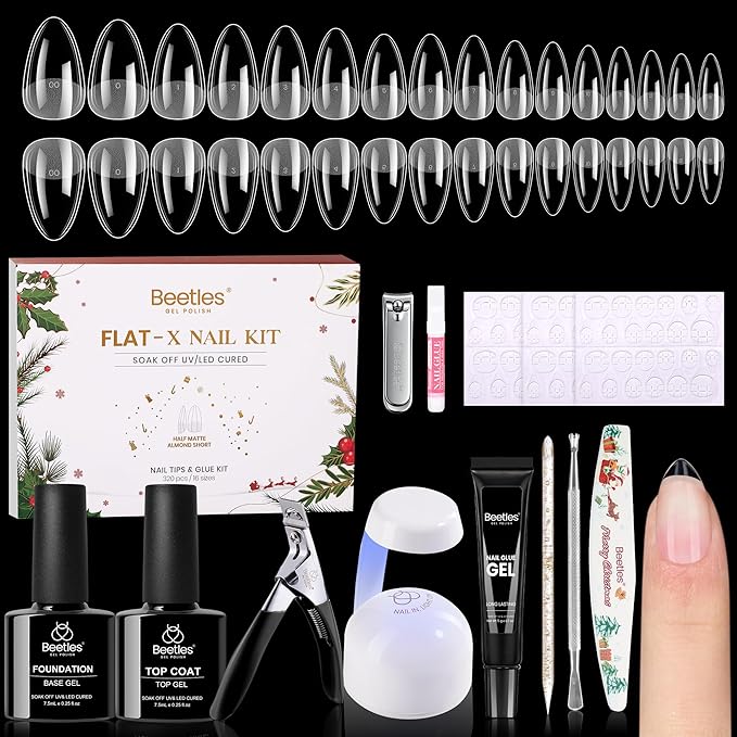 Beetles Gel Nail Kit Flat-X Christmas Limited Set, Almond Short , 320pcs 16 Sizes, with 15g Hands-free Solid Nail Glue Gel, Mini Lamp, Pre-Etched Half Matte Nail Extension Set for Home DIY