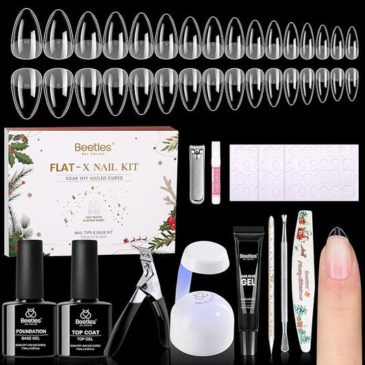 Beetles Gel Nail Kit Flat-X Christmas Limited Set, Almond Short , 320pcs 16 Sizes, with 15g Hands-free Solid Nail Glue Gel, Mini Lamp, Pre-Etched Half Matte Nail Extension Set for Home DIY