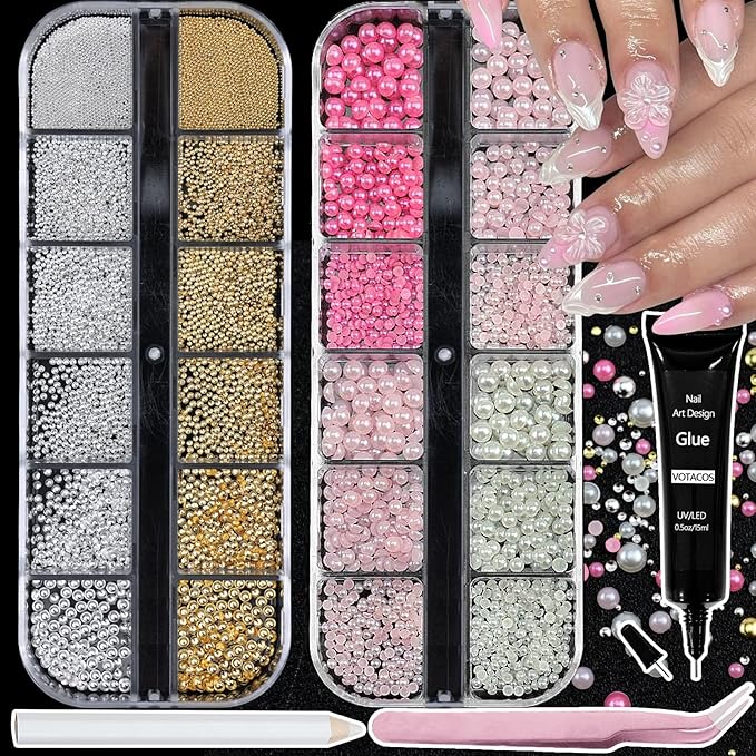 Nail Art Pearls with Glue Gel Flatback Pink Red 4 Colors Nail Charms Pearls Mixed Size 0.03-0.18in Nails Gems Pearl Accessories for Women Nails Design Decoration