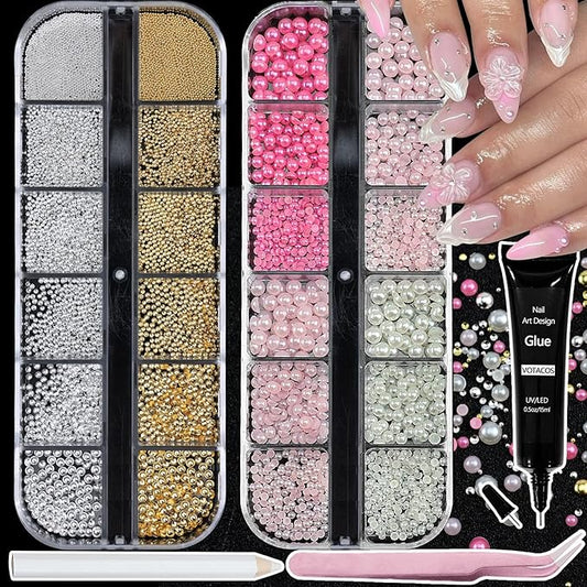 Nail Art Pearls with Glue Gel Flatback Pink Red 4 Colors Nail Charms Pearls Mixed Size 0.03-0.18in Nails Gems Pearl Accessories for Women Nails Design Decoration