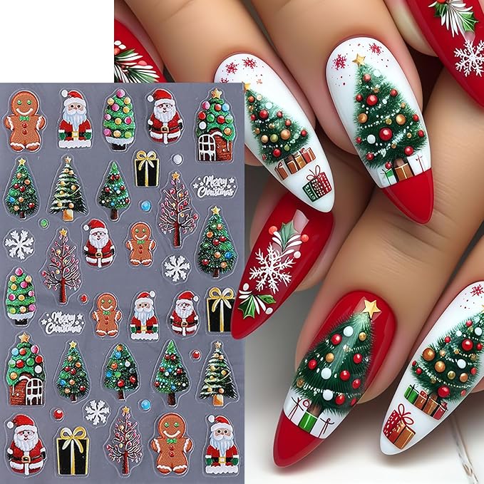 4 Sheets Christmas Nail Art Stickers 5D Micro Relief Gingerbread Man Nail Decals Santa Claus Snowman Snowflake Xmas Tree Nail Design Xmas Light Bow Nail Decor Winter Holiday Manicure DIY Nail Supplies