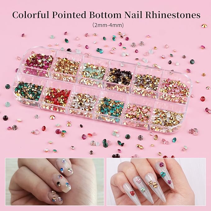 10 Boxes Nail Art Kit, Colorful Glass Nail Rhinestones, 2-6mm White Flatback Pearls, 3D Gold Studs Holographic Foil Flakes and Iridescent Glitter Sequins with Tweezers Brush