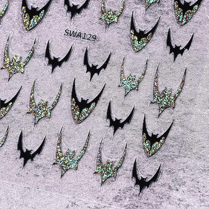 Halloween Nail Art Stickers, Glitter Dark Bat Nail Decals 3D Self-Adhesive with Sparkle Gold Sparkle Silver Bat Design 4PCS Halloween Nail Art Supplies for Women