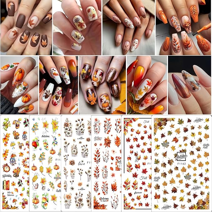 6pcs/Set Fall Maple Leaf Flower Nail Stickers for Nail Art Autumn Pumpkin Self-Adhesive Nail Decal 3D Floral & Leaves Design Nail Accessories Slider Thanksgiving DIY Manicure Decoration for Women