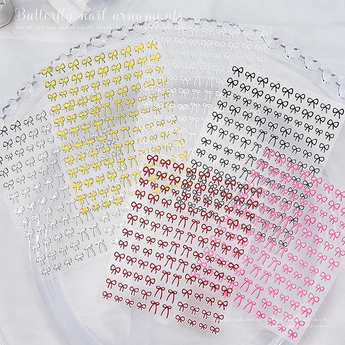 Bow Nail Art Stickers - Colorful Mini Bow Self-Adhesive Nail Decals for DIY Valentines Day Manicure (6 Sheets)