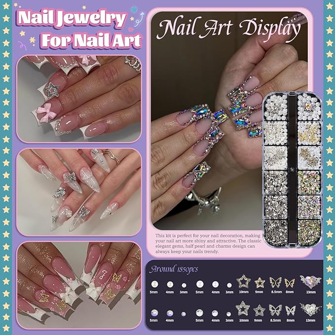 Rhinestones, AB Crystal Nail Gems Pink Opal Nail Rhinestones with Aurora Bubble Beads Pearls Star Heart Bows Nail Charms and Rhinestone Picker Tools for Kwaii Y2K Nail Art Decor - 3 Boxes