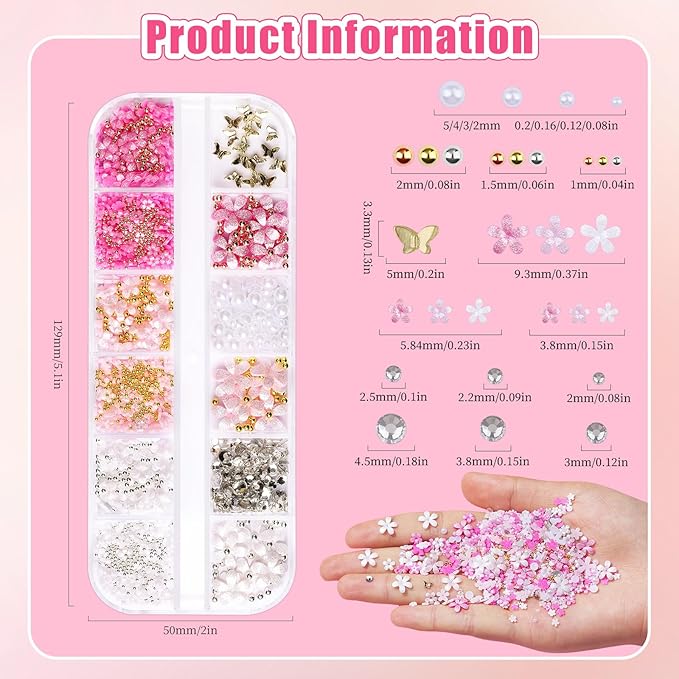 3D Flower Nail Charms and Gems with Nail Beads & Butterfly - Rose/White/Pink Flowers + Gold/Silver Caviar Beads + White Rhinestones Half Pearls + Metal Gold Butterfly for DIY Nails (3-S1-Glitter)