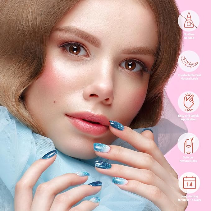Semi Cured Gel Nail Strips-Mirror Shine Semi-Gel Stickers,Party & Festival Nail Wraps,Glow Under Sunlight,No Damage,Works with Any UV/LED Lamps(Waterbomb)