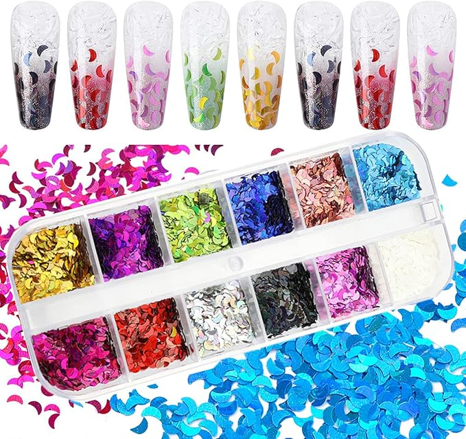 12 Colors Glitters Decor Crescent Shape Flakes Sequins 3D Moon Nail Art Stickers Laser Glitter Designs Nails Powder for Women Girls Manicure Accessories
