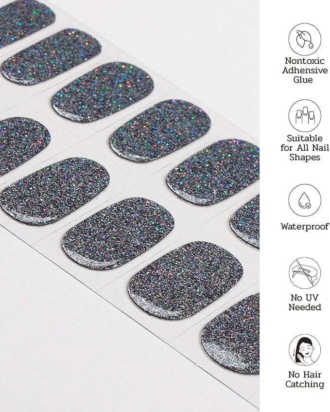Nail Polish Strips - 22 Pcs Salon Quality Gel Nail Stickers - Long Lasting Wraps (Mystery Black Glitter)