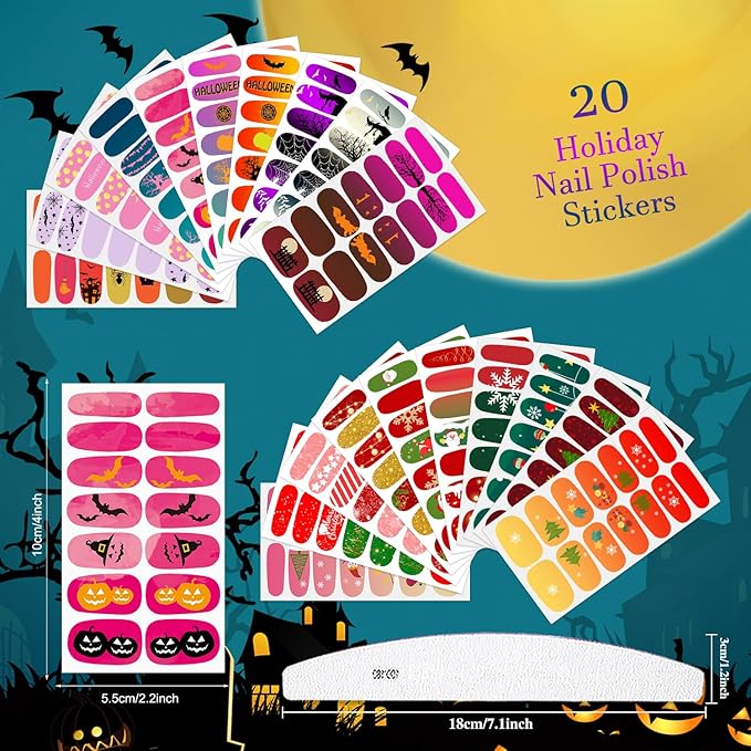 20 Sheets Chrismas Halloween Nail Polish Strips Spider Cobweb Bat Jack-o'-Lantern Snowflake Santa Claus Christmas Tree Self-Adhesive Holiday Nail Stickers Full Wraps for Women Manicure