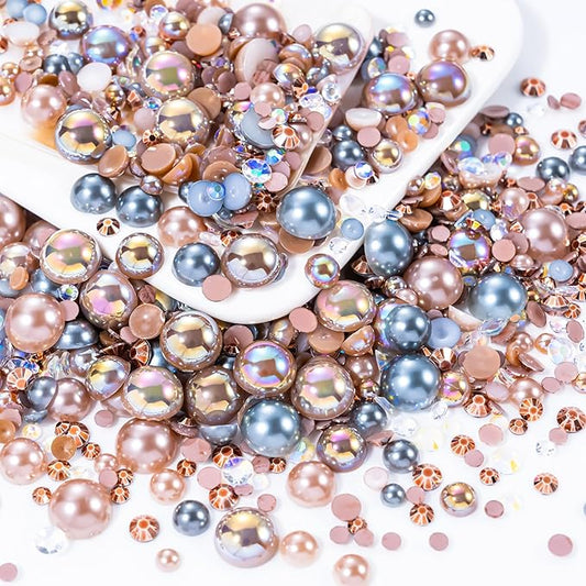 60g Coffee Flatback Rhinestones Half Pearls for Crafting, Mixed Size 3mm-10mm Resin Rhinestones for Bedazzling, Small Pearls for DIY Tumblers Mugs Nail Art Shoes Clothes with Glue