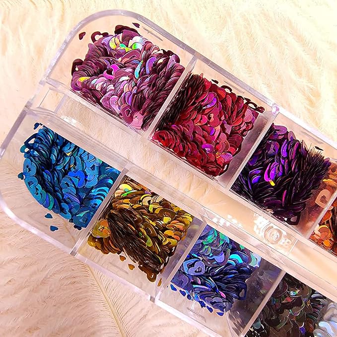 Love Heart Nail Art Glitter Sequins, 12 Colors Holographic Hollow Heart Shapes Nail Flakes Designs, 3D Laser Sparkly Big Small Hearts Nails Supplies for Women Manicure Decorations, DIY Shiny Crafts