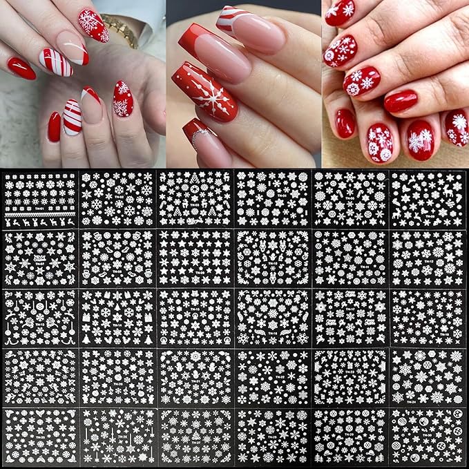 30 Sheets Christmas Nail Art Stickers 3D Self-Adhesive Snowflake Holiday Nail Stickers White Snowmen Santa Claus Elk Decals Decorations Supplies for Women (Snowflake)