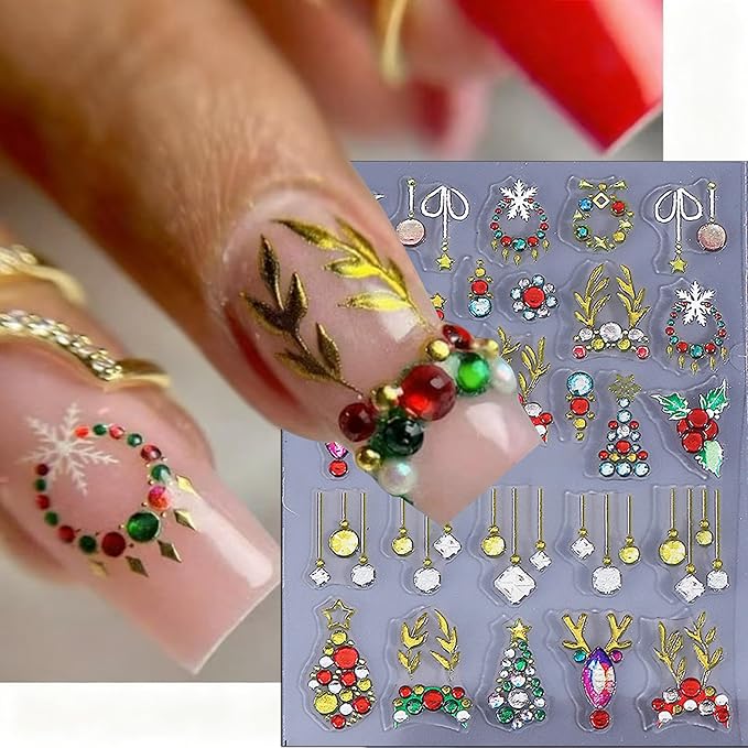 Christmas Nail Stickers Red Bow Glitter Diamond Sticker Decals DIY Self Adhesive Gold Christmas Tree Lights Snowflake Design Nail Decoration Supplies Holiday Manicure Accessories for Women Girls 3Pcs