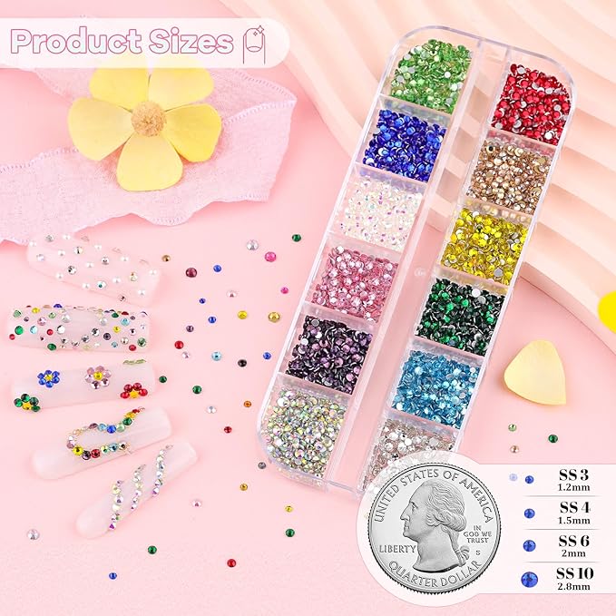 4200Pcs Small Glass Crystal Rhinestones for Nail Art with 15ML Nails Rhinestone Glue, Colorful SS3-SS10 Flatback Bedazzling Gems, Nail Rhinestones and Gems Charms for Acrylic Tips Manicure Decor