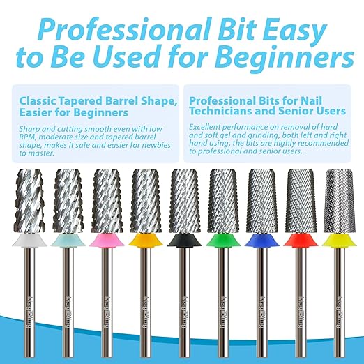 Professional Nail Drill Bits, Tungsten Carbide Cross Cut Tapered Barrel 3/32'' Safety Bits, Left and Right Hand Use, Remove Gel Fast, Manicure Pedicure Cuticle Gel Polishing, Extra Coarse.