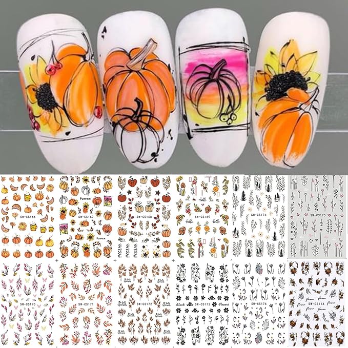 Fall Nail Stickers Decals 12 Sheets Autumn Leaves Nail Art Decals Pumpkins Drinking Maple Leaves Flower Nails Design 3D Self-Adhesive Holiday Thanksgiving Sliders Manicure Nail Decoration