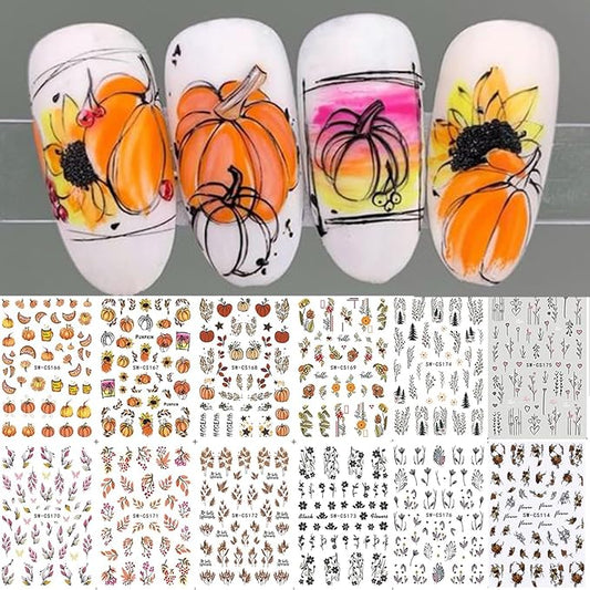 Fall Nail Stickers Decals 12 Sheets Autumn Leaves Nail Art Decals Pumpkins Drinking Maple Leaves Flower Nails Design 3D Self-Adhesive Holiday Thanksgiving Sliders Manicure Nail Decoration