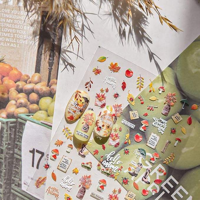 Fall Nail Art Stickers Decals 5D Embossed Red Maple Leaf Nail Decals Self-Adhesive Mushroom Apple Beetle Nails Design Autumn Stickers Thanksgiving Nails Art Supplies for Women DIY Manicure Decorations