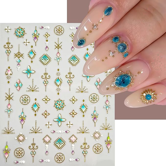 6 Sheets Bohemian Style Nail Decals Embossed Star Nail Art Stickers 5D Self-Adhesive Gold Stars Moon Sun Nail Decals Bohemia Nail Designs Stars Nail Decoration for Women Girls DIY Manicure Decor