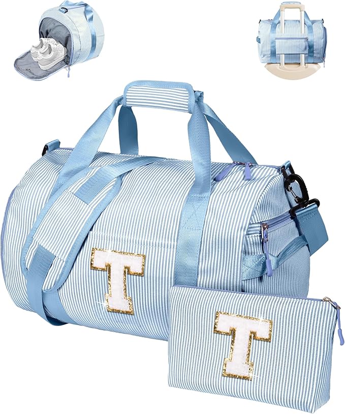Fashionable Gifts for Teen Girl, Girls Travel Duffle Bag, Kids Initial Overnight Bags with Shoe Compartment, Customized Weekender Bag with Makeup Pouch, Gift for Niece Sister (Letter T)