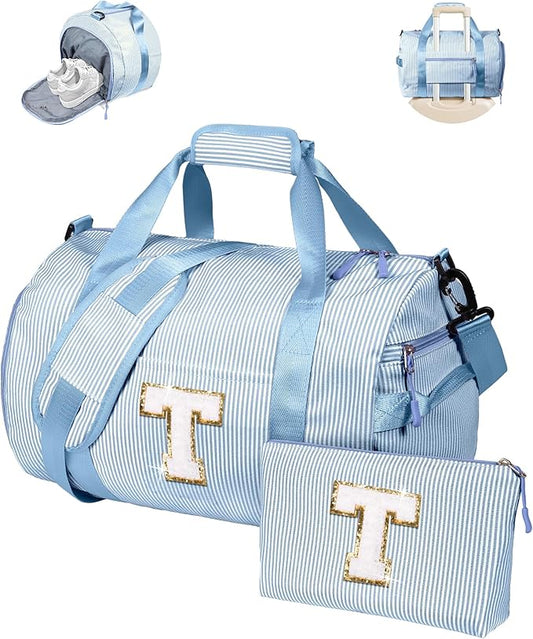 Fashionable Gifts for Teen Girl, Girls Travel Duffle Bag, Kids Initial Overnight Bags with Shoe Compartment, Customized Weekender Bag with Makeup Pouch, Gift for Niece Sister (Letter T)