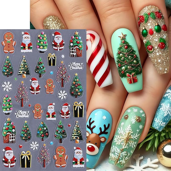 4 Sheets Christmas Nail Art Stickers 5D Micro Relief Gingerbread Man Nail Decals Santa Claus Snowman Snowflake Xmas Tree Nail Design Xmas Light Bow Nail Decor Winter Holiday Manicure DIY Nail Supplies