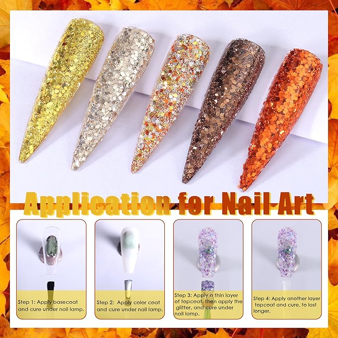 Laza Autumn Nail Glitter, 12 Colors Acrylic Nails Art Glitter Powder Sequin, Retro Copper Iridescent Flake Paillette Sparkle Tip 120g for Gel Polish, Face, Eyes, Body, Hair, Jewelry, Resin -Golden Age